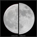 Comparação entre o tamanho aparente da Lua cheia comum e o tamanho da Super Lua de março de 2011. Perceptível com uma máquina fotográfica, mas imperceptível à vista desarmada (foto de Marcoaliaslama)