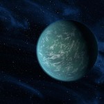 Concepção artística do planeta Kepler 22b (NASA/Ames/JPL-Caltech). Não há nenhuma fotografia ou mesmo informações sobre cor ou composição do planeta, portanto, essa imagem produzida pela NASA é uma ilustração puramente artística, sem a intenção de informar algo sobre cor ou nuvens em Kepler 22b.