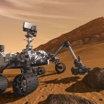 Concepção artítica do robô Curiosity em solo marciano. (